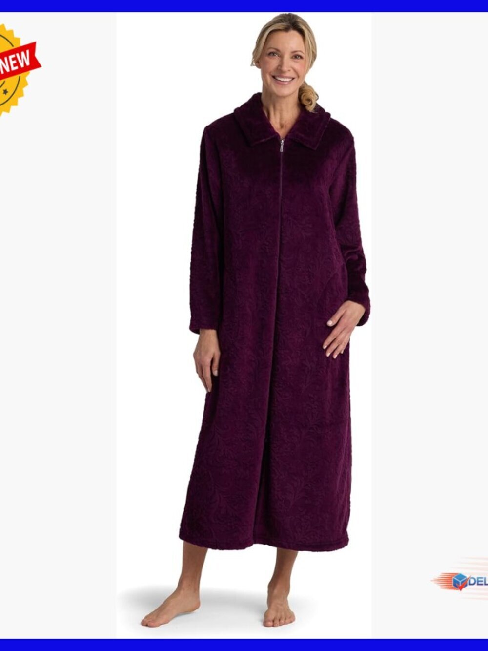 Long Fleece Robe with Zipper Front Closure and Side Pockets - Picture 1 of 4